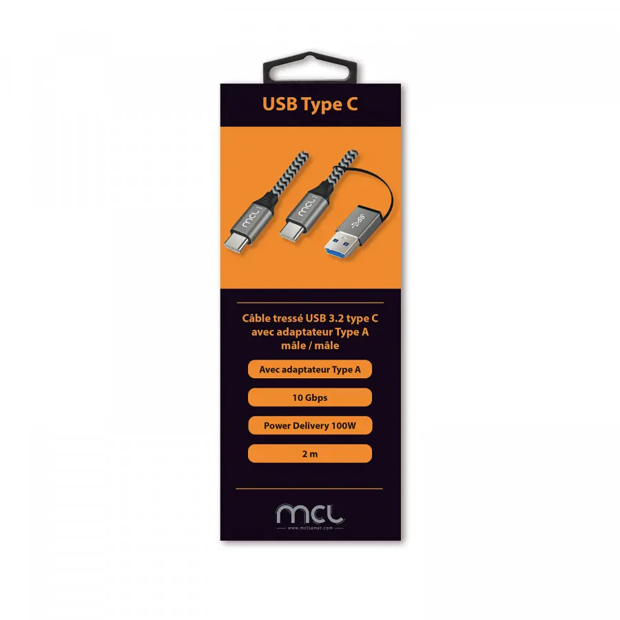 Câble MCL  USB-C/USB-C - adapteur Type A intégré - 2 mètres