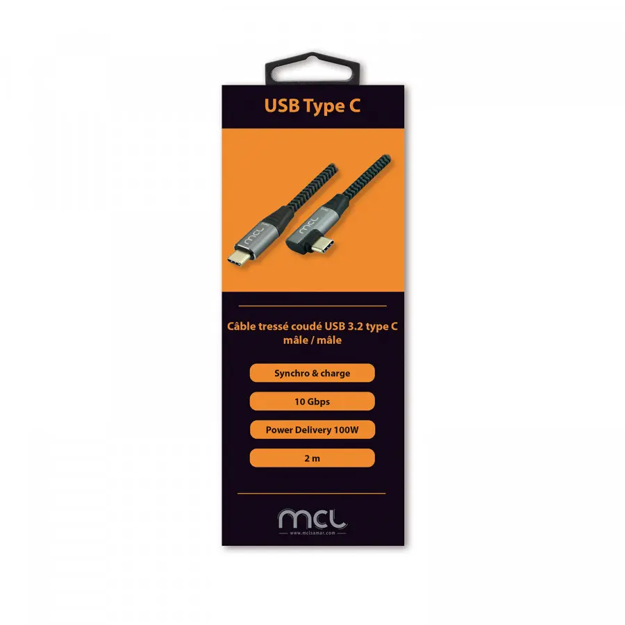 Câble MCL USB-C (1 connecteur angle droit) - Noir, Gris 2 mètres