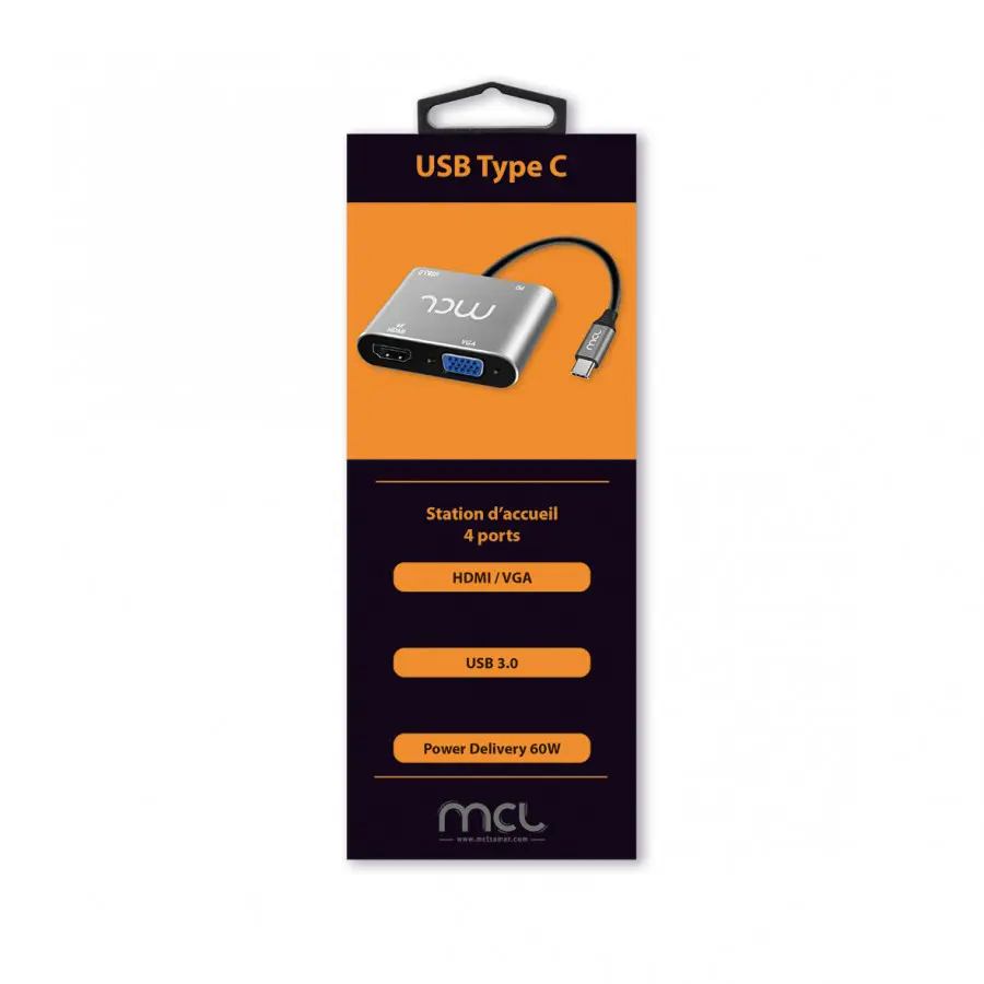 Station d'accueil MCL USB Type C pour Notebook - 2 Écrans supportées (4K - 3840 x 2160, 1920 x 1200) - 1 x Port USB Type-A -1 x Port USB Type-C - 1 HDMI - 1 VGA