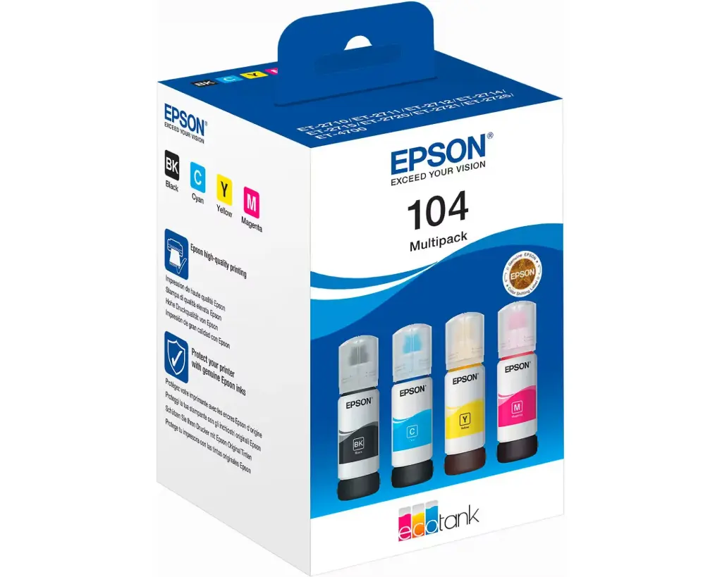 Pack 4 Cartouches d'encre Epson EcoTank 104 (Noir + Couleurs) pour imprimante Epson EcoTank 2860