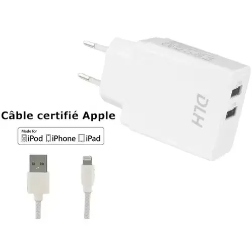 CHARGEUR SECTEUR 2 PORTS USB 12W AVEC CABLE APPLE LIGHTNING MFI POUR IPHONE ET IPAD